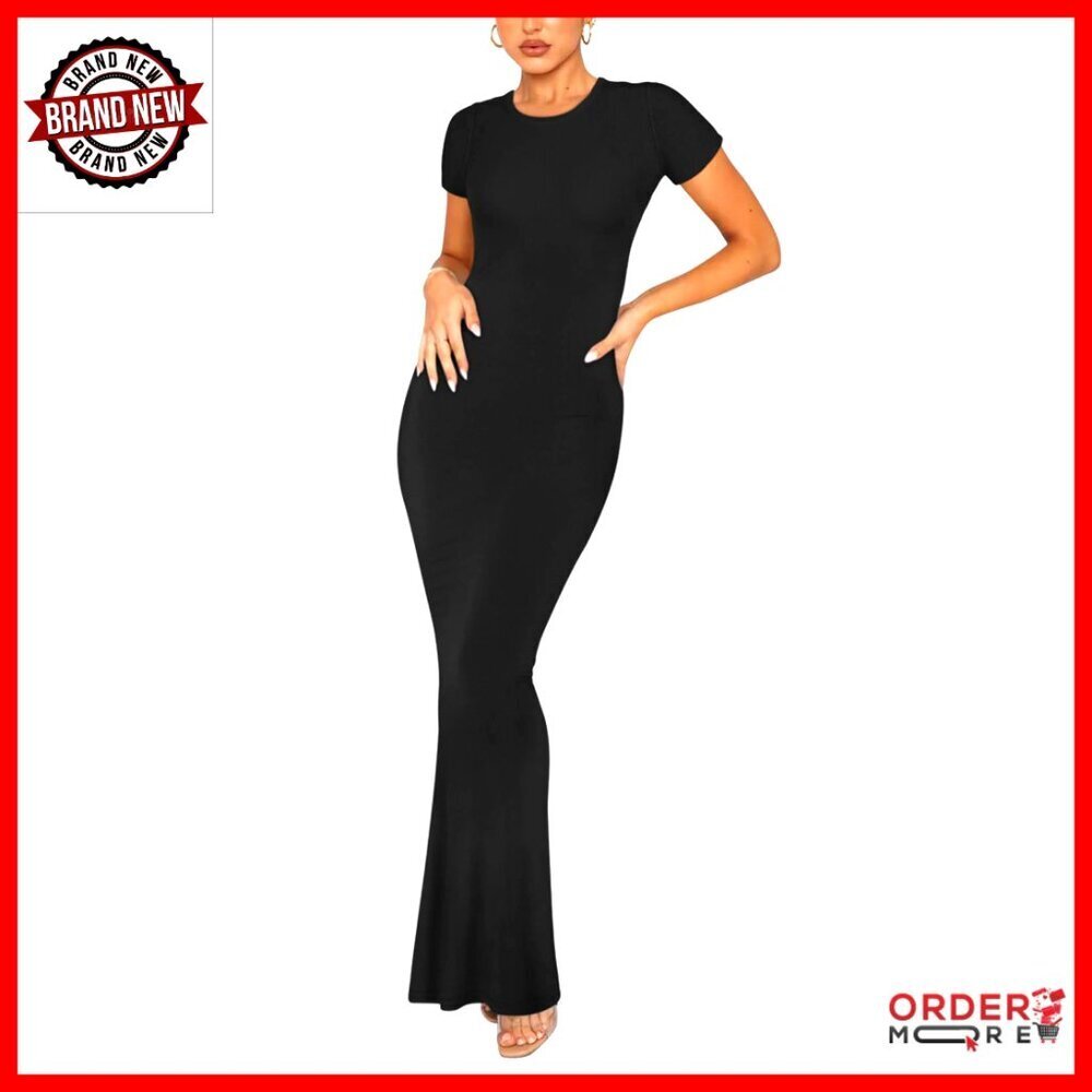 Elegant Ribbed Bodycon Maxi Dress Short Sleeve Crew Neck Lounge Formal Occasion